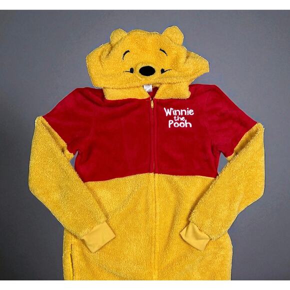 Disney Winnie the Pooh Hooded Pajama Costume Suit S/M Fleece Zip Bear Loungewear - Picture 1 of 9